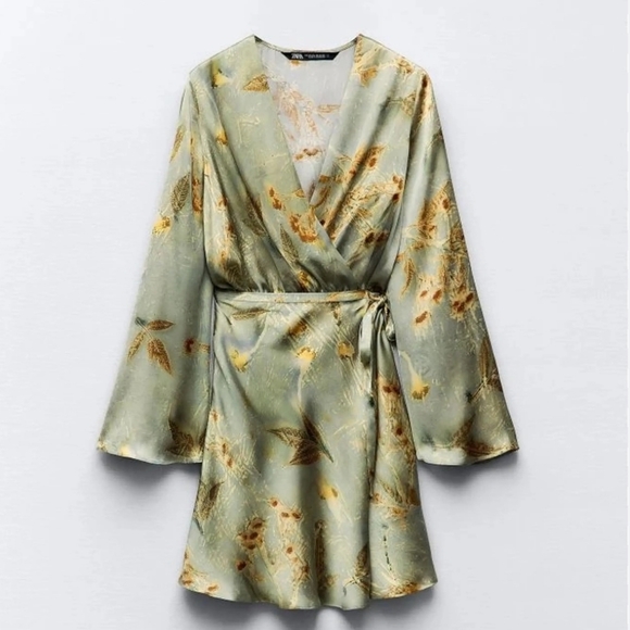 Zara Printed Elegant Floral Wrap With Bell Sleeves Dress Size XXL - Picture 2 of 16